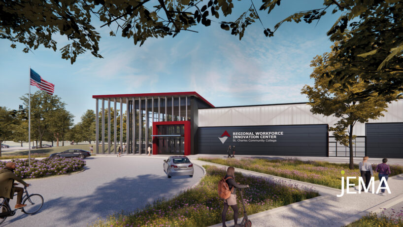 Exterior rendered view of the St. Charles Community College Regional Workforce Innovation Center