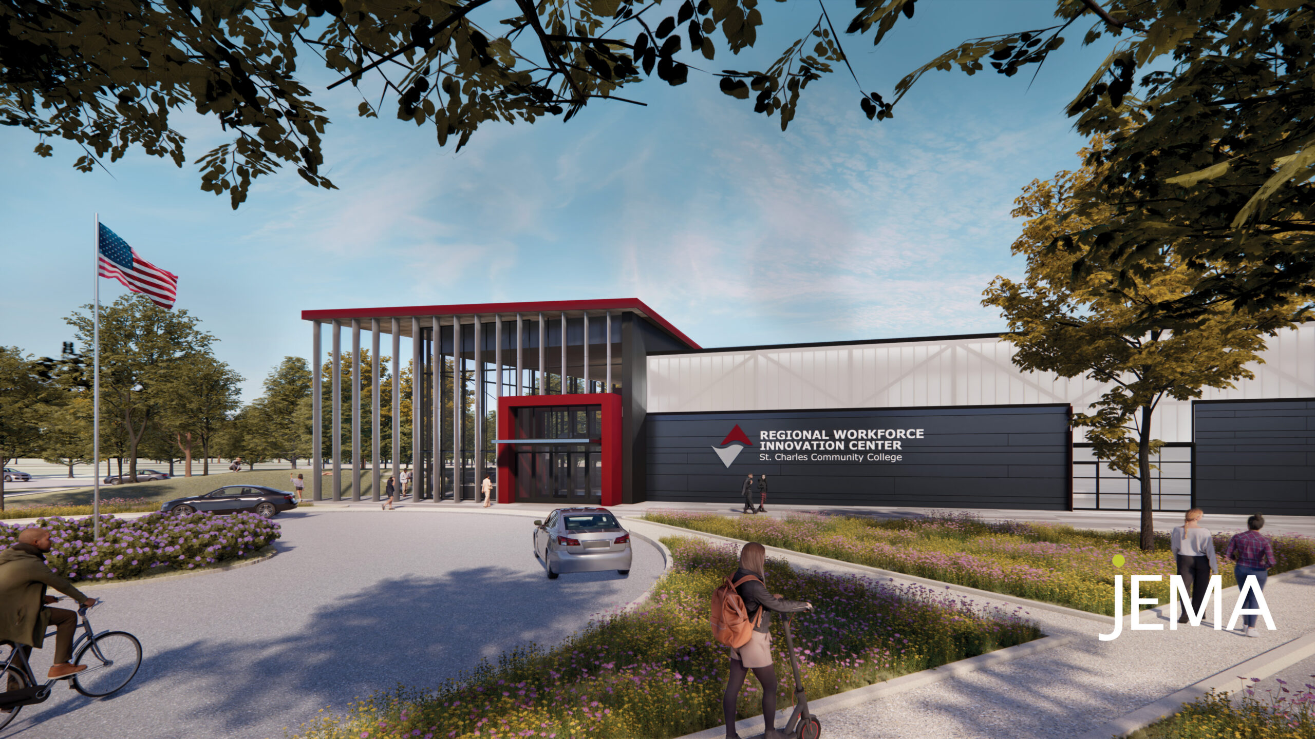 Exterior rendered view of the St. Charles Community College Regional Workforce Innovation Center