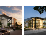Diagram comparing a rendering to the final photo of STLCC's AMC north east entrance