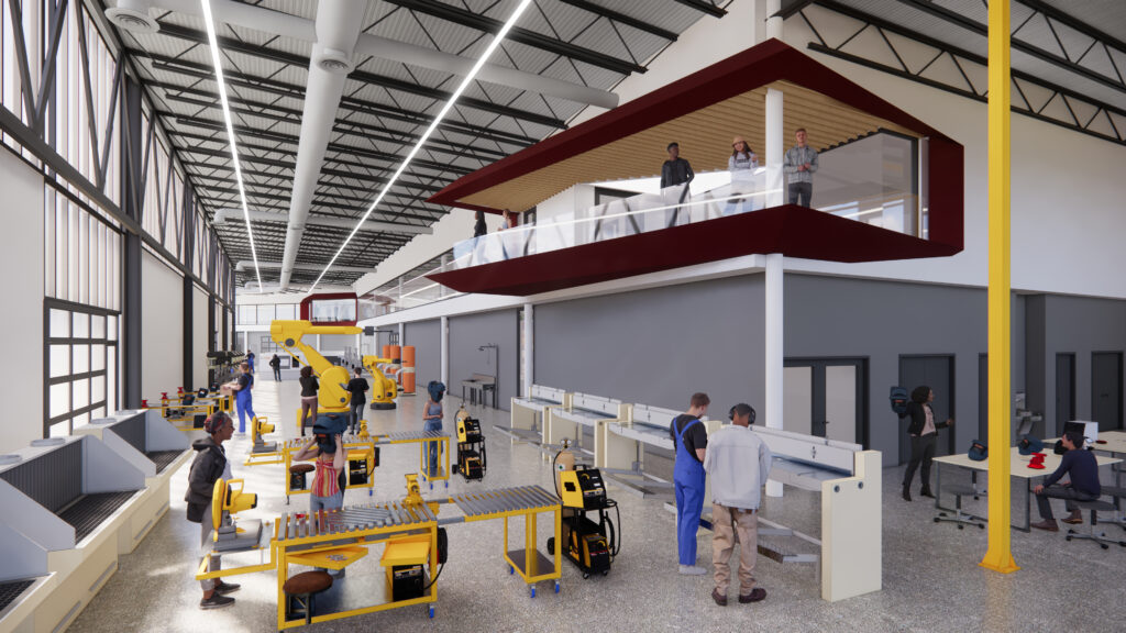 Interior rendered view of the St. Charles Community College Regional Workforce Innovation Center Manufacturing Lab Space