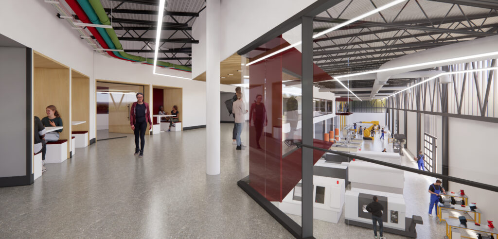 Interior rendered view of the St. Charles Community College Regional Workforce Innovation Center Lobby