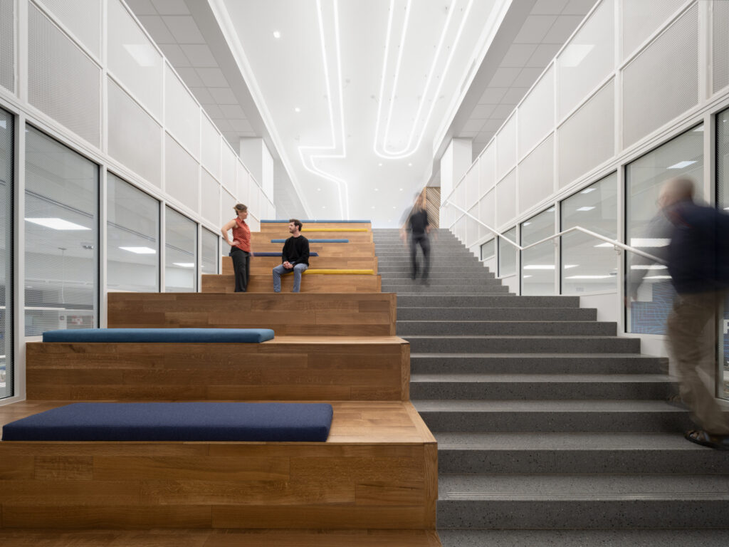 Interior view of the STLCC Florissant Valley Student Center from bottom looking up